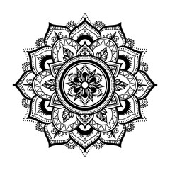 Black isolated ethnic mandala design. Anti-stress coloring page for adults. Hand drawn illustration in boho style