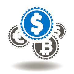 Coins Dollar Bitcoin Euro Icon Vector. Money Financial Illustration. Trade Market ICO IPO Logo Symbol.