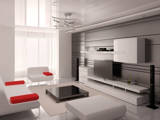 Mock up a modern living room with a fashionable interior and functional furniture.