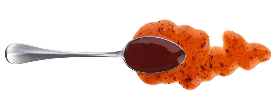 Cranberry Sauce With Spoon Isolated On White Background. Top View