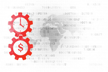 Time is money concept: Gears with clock and dollar icons on digital background