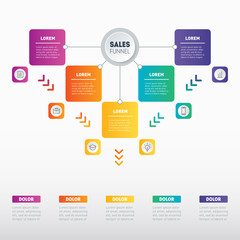 Vector. Web Template of a sales pipeline, purchase funnel, info chart or diagram. Infographic of technology or education process with 5 steps. Business presentation concept with 5 options.