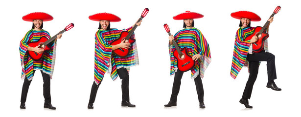 Mexican in vivid poncho holding guitar isolated on white