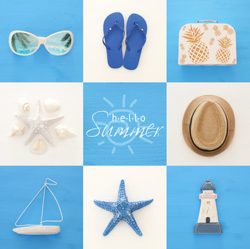 nautical collage with sea life style objects over blue and white wooden background.