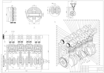 Machine building drawing. Engine car on a white