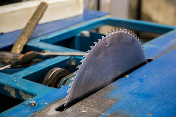 Circular saw blade of woodworking machine tool. Close-up view