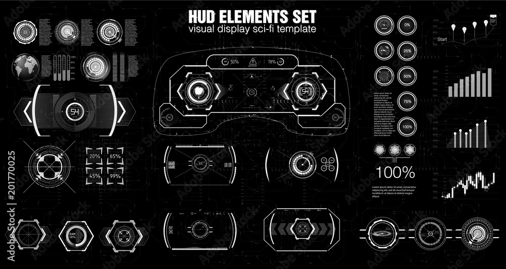 Poster set of black and white infographic elements. head-up display elements for the web and app. vr futuri