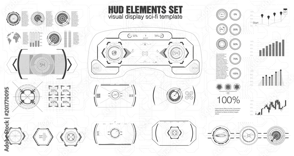 Poster set of black and white infographic elements. head-up display elements for the web and app. vr futuri