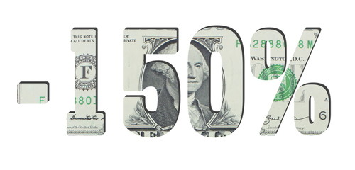 -150%. American dollar banknotes. Money texture. Isolated on white background, discount theme