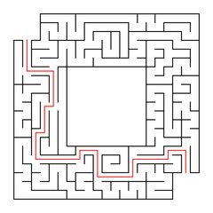 A square labyrinth with an entrance and an exit. Simple flat vector isolated illustration. With a place for your drawings. With the answer.