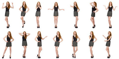 Red hair girl in gray dress isolated on white