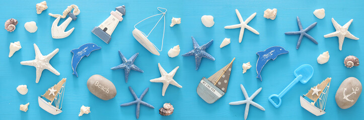 nautical, vacation and travel banner with sea life style objects. Top view.