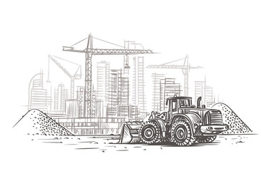 Dozer on construction site sketch. Vector. Layered. 