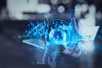 double exposure of businessman shows modern technology as concept