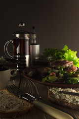 fresh salad with tomato, egg and toast