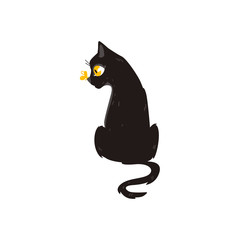 Cartoon cute black cat animal sitting with butterfly at her nose, front view. Funny hand drawn kitten pet. Domestic adorable feline kitty character, design element. Vector illustration isolated.