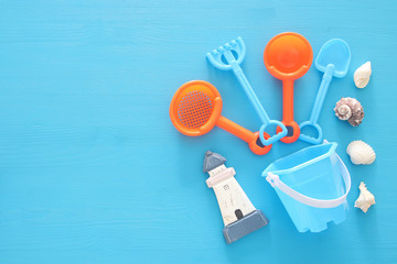 vacation and summer image with sea life style objects and beach toys for kid.
