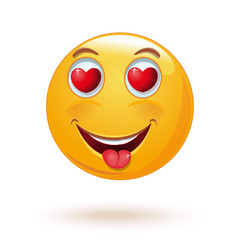 Emoticon face with hearts in his eyes and sticking his tongue out. Cheerful smiling smiley. Enamored emoji. Vector illustration