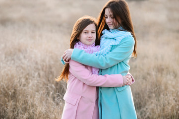 Happy girls at dawn outdoor