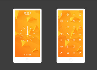 Abstract colored background with triangles and app icons. Mobile phone background