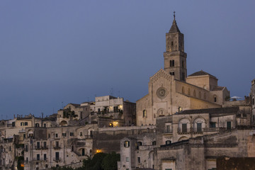 Fototapeta na wymiar View at twilight of the historic Matera Cathedral