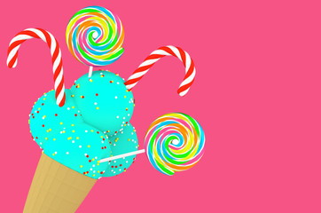Ice cream with lollipops on pink background 3D illustration