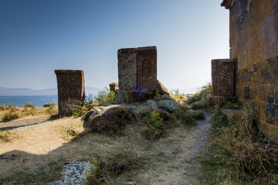 Khachkars, stone crosses in Sevanavank, a monastery complex located on the northwest coast of Lake Sevan in the province of Armenia Gegharkunik, near the city of Sevan