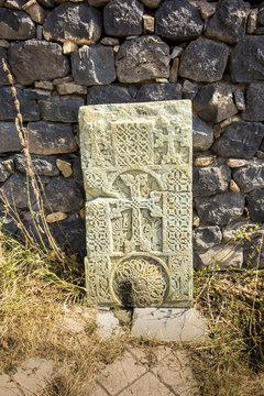 Khachkars, stone crosses in Sevanavank, a monastery complex located on the northwest coast of Lake Sevan in the province of Armenia Gegharkunik, near the city of Sevan