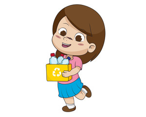 kid gathering garbage and plastic waste for recycling.vector and illustration.