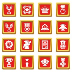 Awards medals cups icons set vector red square isolated on white background 