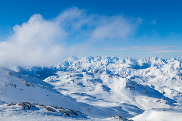 View from summit Cime de Caron (3200 m.) in Les Trois Vallees France, the Worlds largest skiing area.