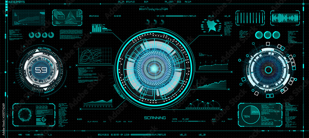 Poster Futuristic concept HUD, GUI style. Screen ( Dashboard, Futuristic Circle, Space Elements, Infographics) Vector Elements Set for HUD Sci Fi Interfaces. Hi tech future design. Sky fi for VR and App. 