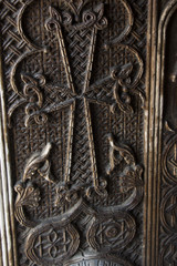 Fragment of ornamental door in the monastery complex Sevanavank located on the northwest coast of Sevan in the province of Armenia Gegharkunik, near the city of Sevan