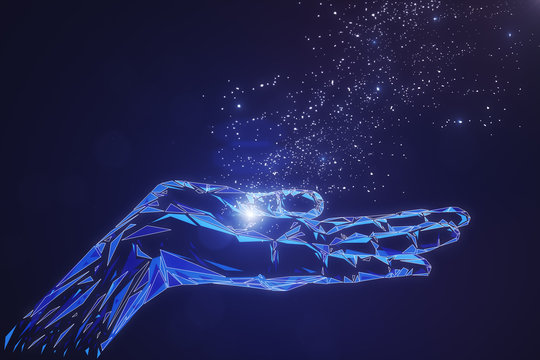 Glowing Polygonal Hand On Blue Background