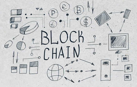 Creative blockchain sketch on concrete background