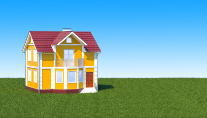 Ecological house concept. Home on the green grass against blue sky, 3D rendering
