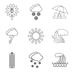 Meteorological conditions icons set. Outline set of 9 meteorological conditions vector icons for web isolated on white background