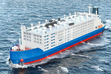 Livestock carrier ship in ocean, 3D rendering