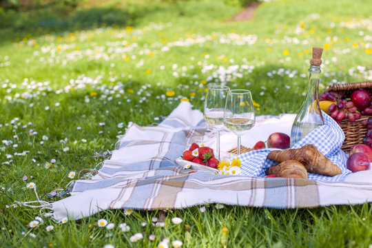 Two glasses and a bottle of wine. Picnic on the green grass in the park. Good weekend. Spring