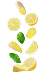 Falling lemon and ginger isolated on white