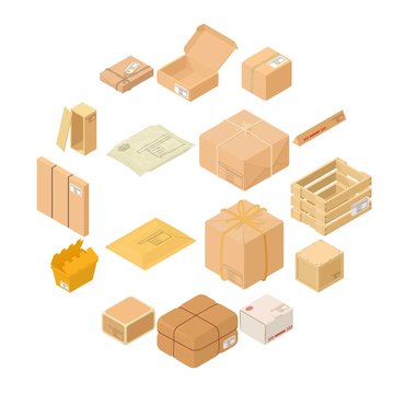 Parcel packaging box icons set. Isometric illustration of 16 parcel packaging box vector icons for web