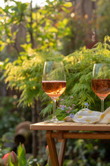 Two cold rose wine glasses served on outdoor terrace in garden with flowers in sunny day