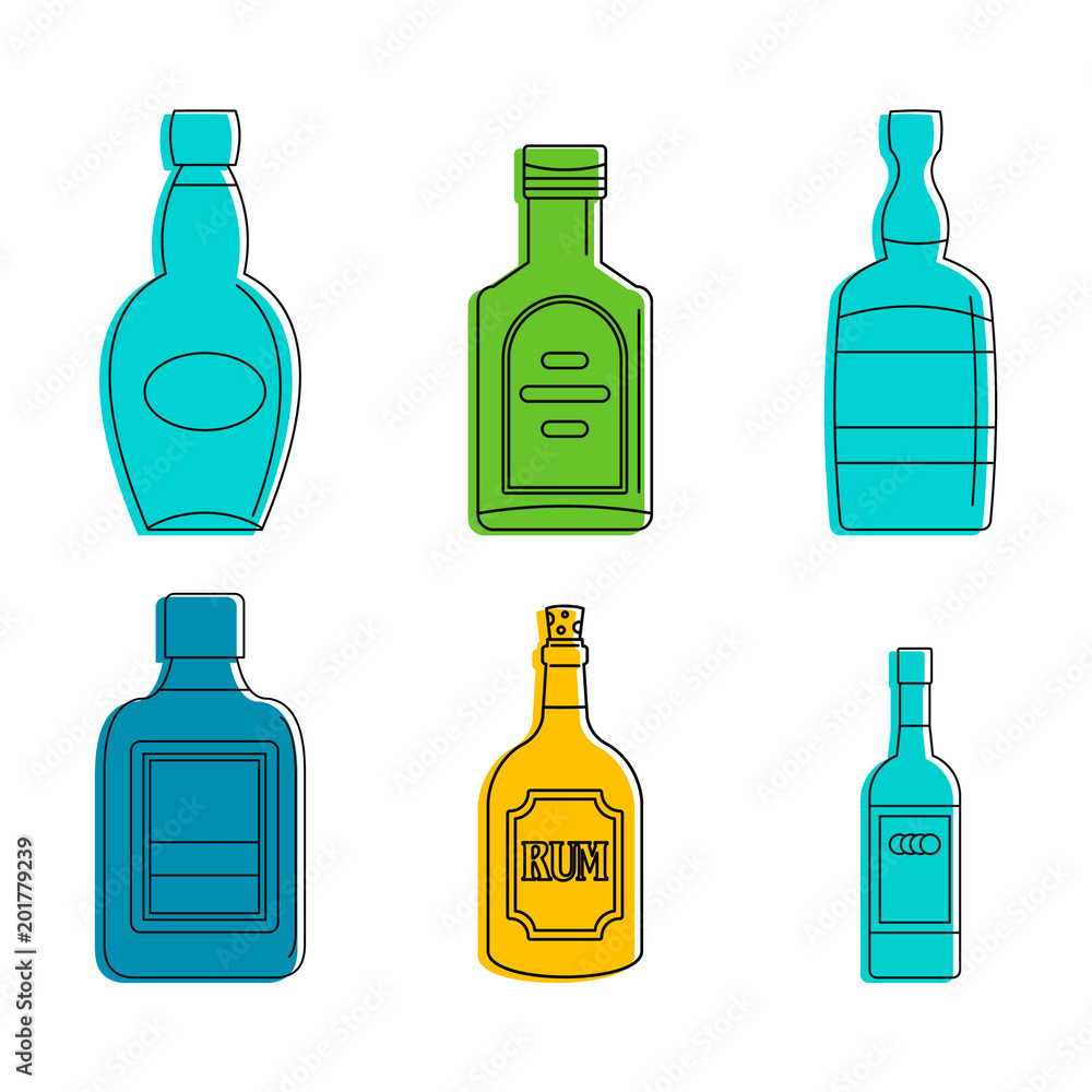 Poster rum bottle icon set. color outline set of rum bottle vector icons for web design isolated on white b