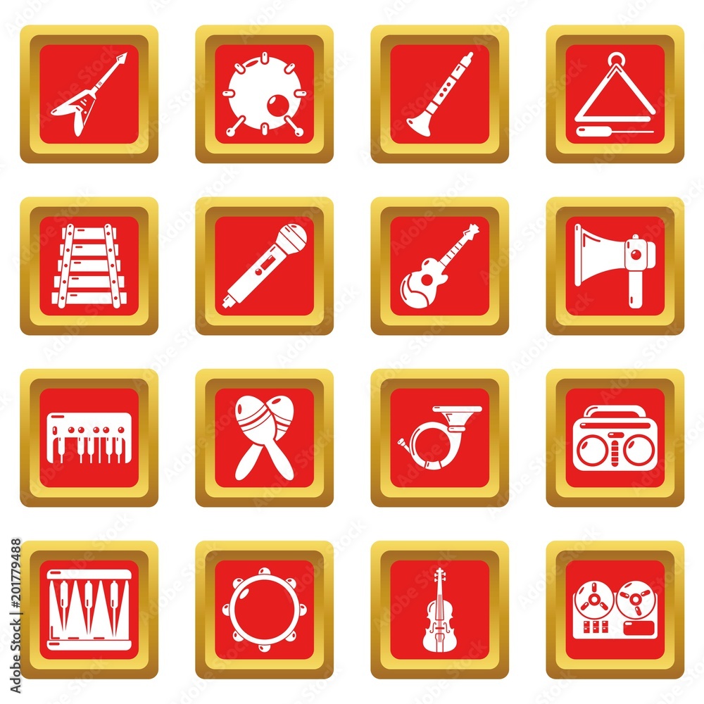 Poster musical instruments icons set vector red square isolated on white background