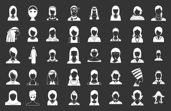 Woman silhouette icon set vector white isolated on grey background 