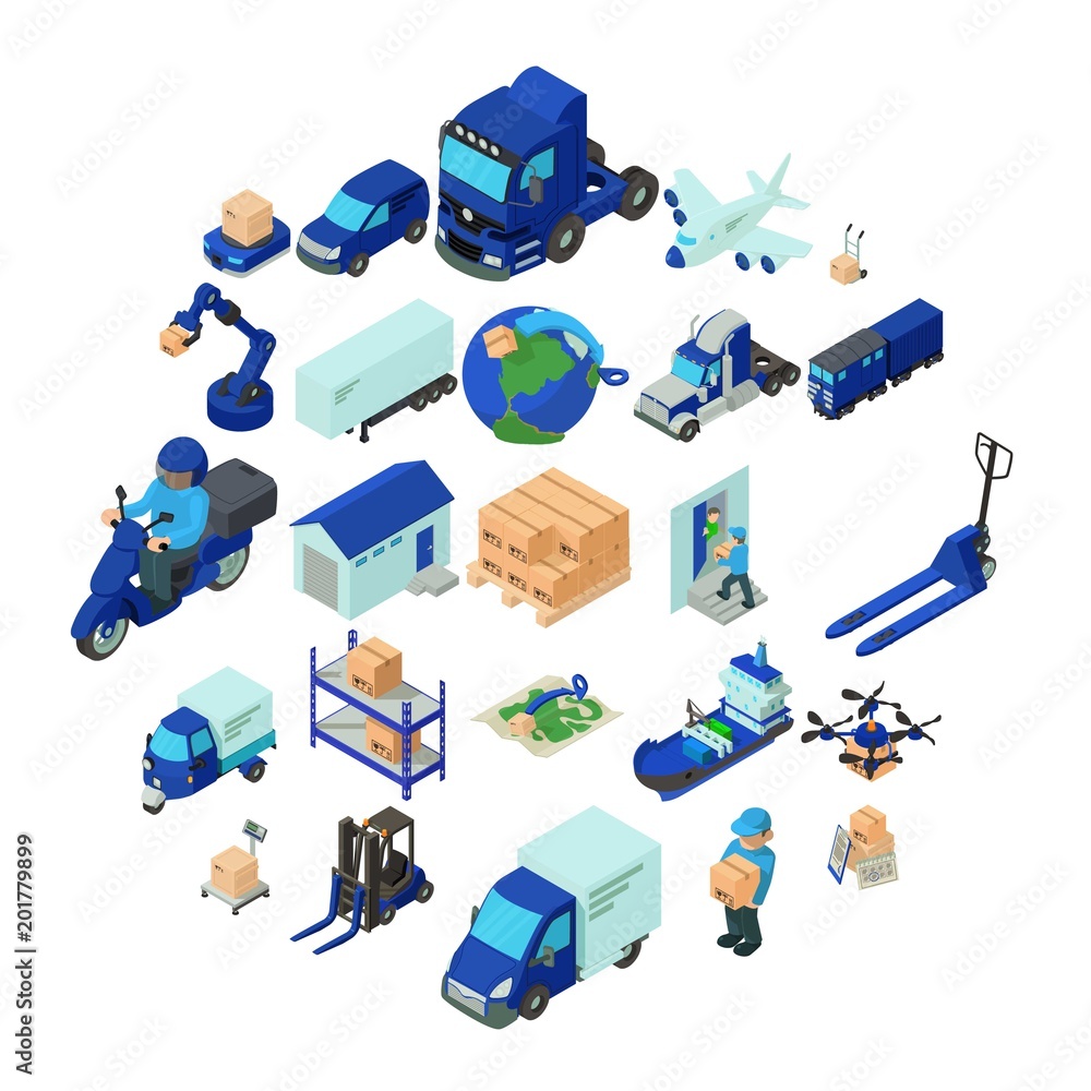 Poster logistic and delivery icons set. isometric illustration of 25 logistic and delivery vector icons for
