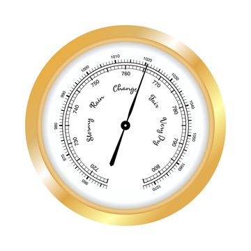 Barometer icon, vector isolated on white background. Rain and stormy, fair and very dry, change. Gold Barometer indicating atmospheric pressure change.