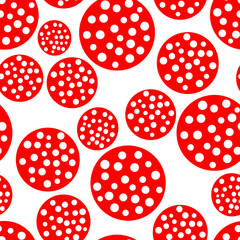 Cute dots amanita seamless pattern with round and circle. Funny red and white vector background texture.
