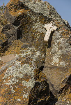 Crosses on the rock in the complex area of the monastery Sevanavank located on the northwest coast of Lake Sevan in the province of Armenia Gegharkunik, near the city of Sevan