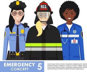 Emergency concept. Detailed illustration of female firefighter, doctor and policeman in flat style on white background. Vector illustration.